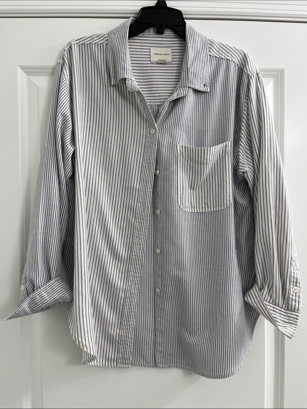 American Eagle Womens White & Blue Stripe Button-Down Shirt Size Smalloversized